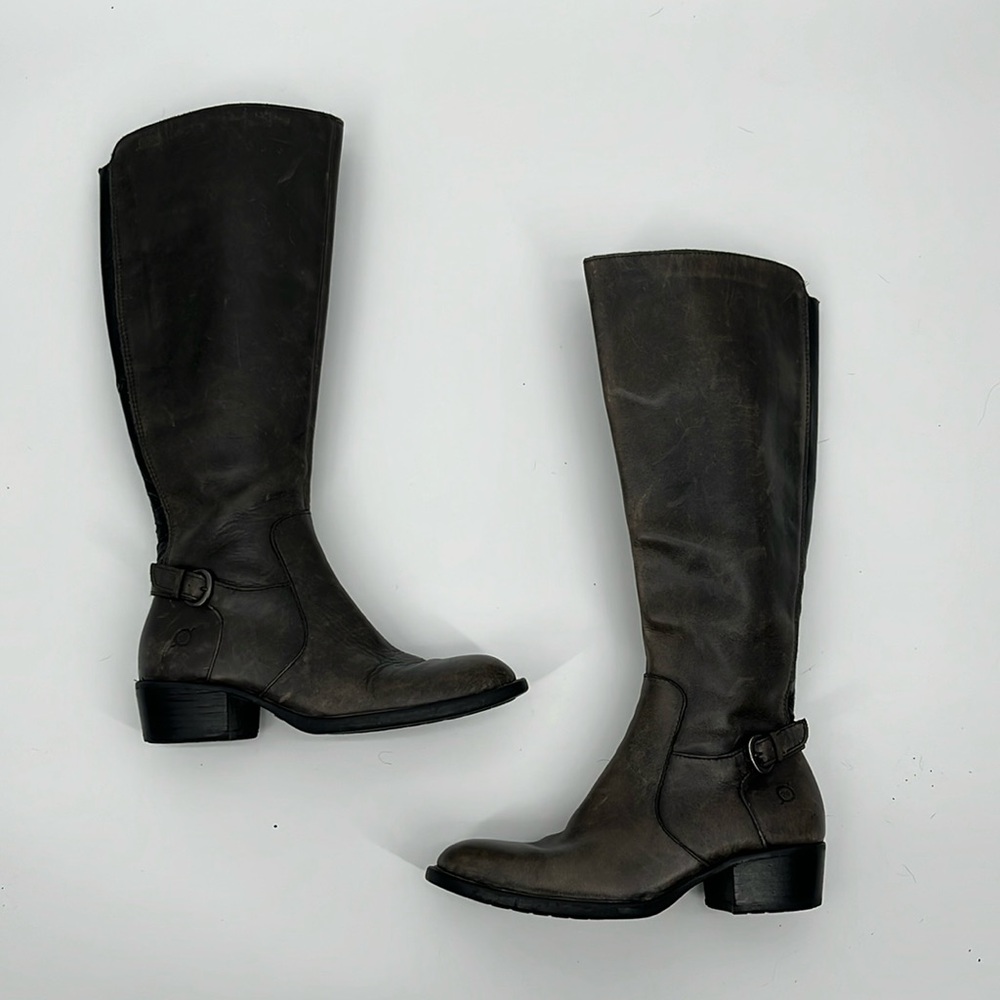 Born Helen gray taupe leather buckle tall riding equestrian heeled boots 5.5